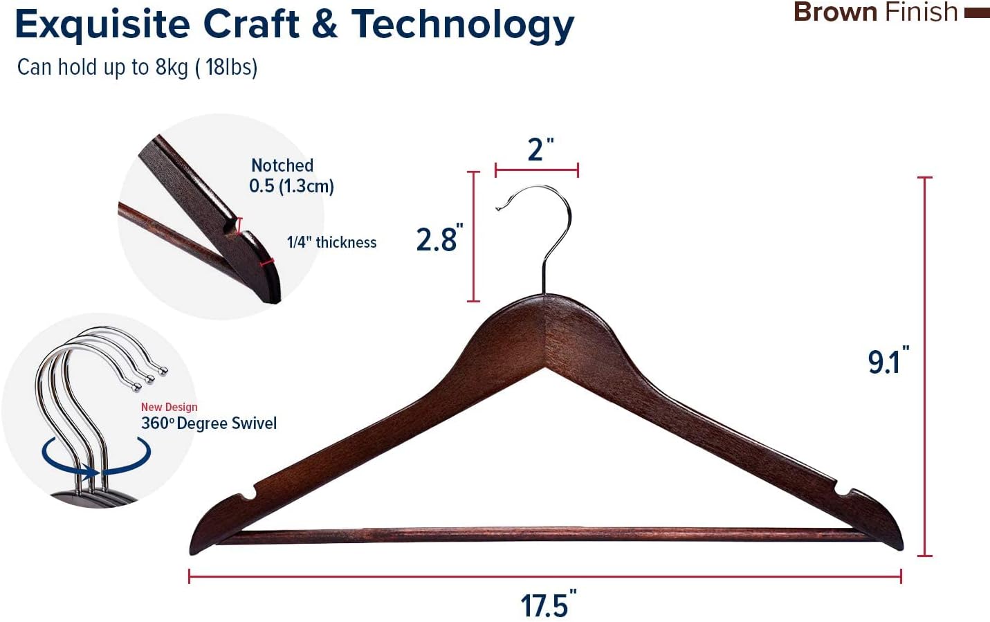 HOUSE DAY 17.7X9 Inch Solid Wood Coat Hangers Brown 10 Pack