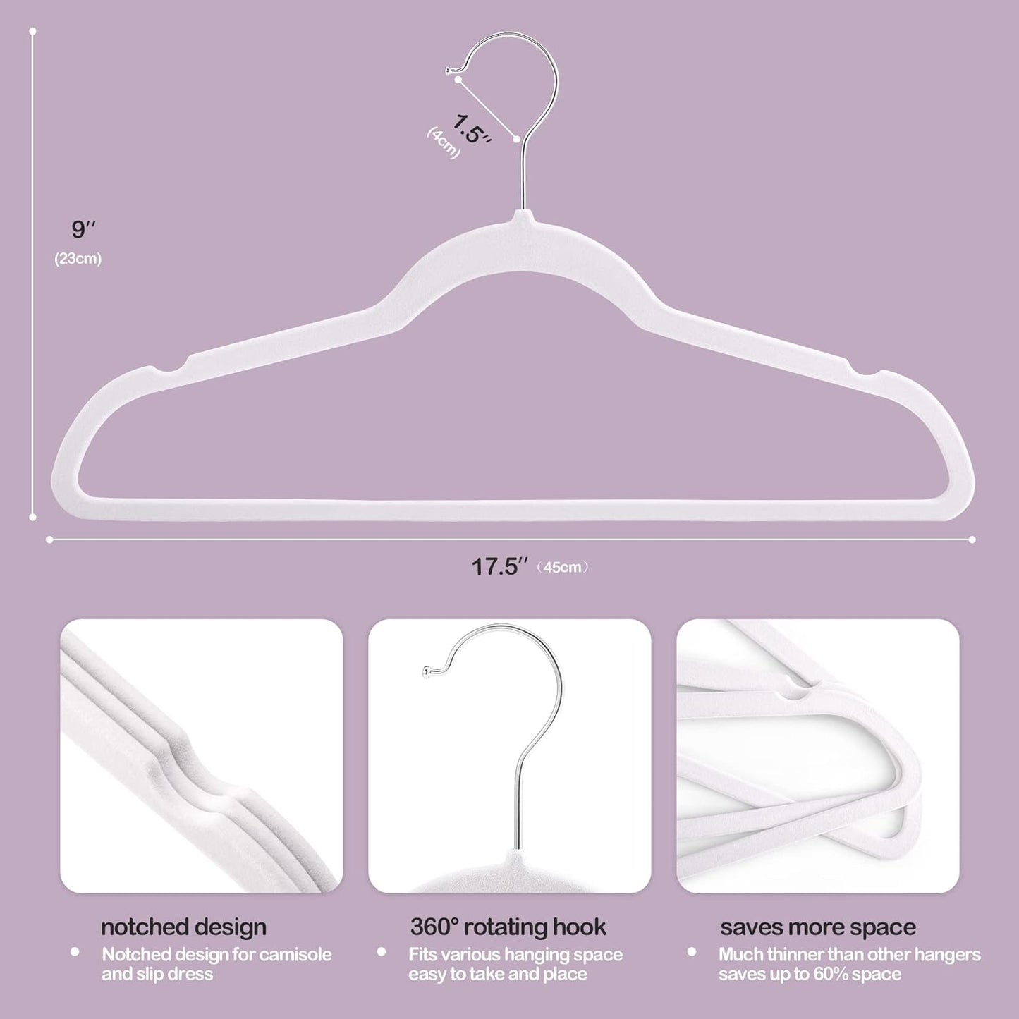 HOUSE DAY 17.5 Inch Silver Hook Velvet Hangers White 60 Pack