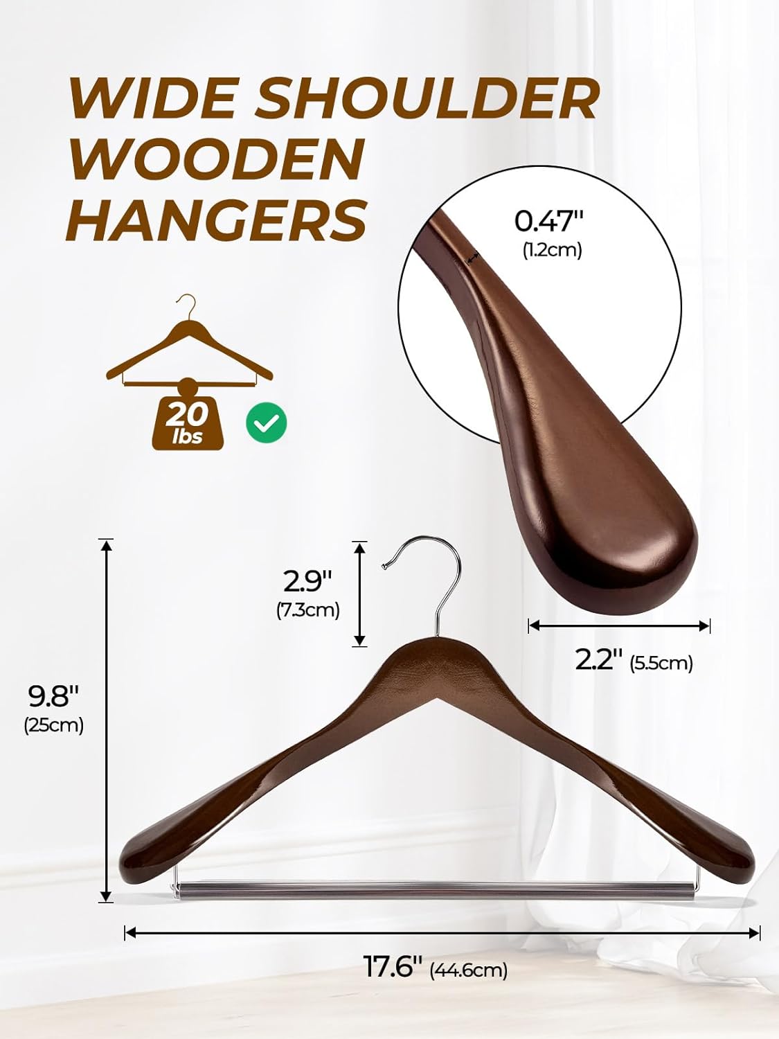HOUSE DAY 17.7 Inch Wide Shoulder Wooden Hangers With Non Slip Walnut 6 Pack