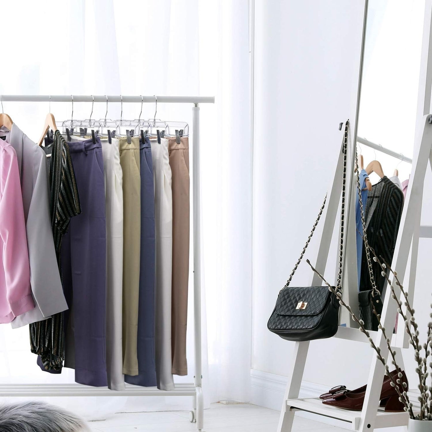HOUSE DAY 14 inch Clear Plastic Skirt Hangers with Adjustable Clips