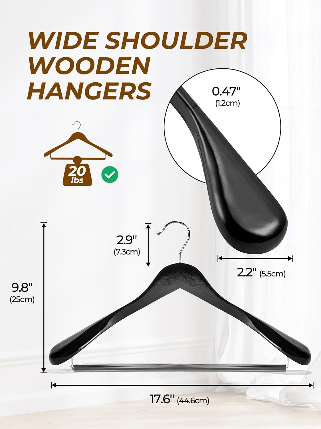 HOUSE DAY 17.7 Inch Wide Shoulder Wooden Hangers With Non Slip 6 Pack