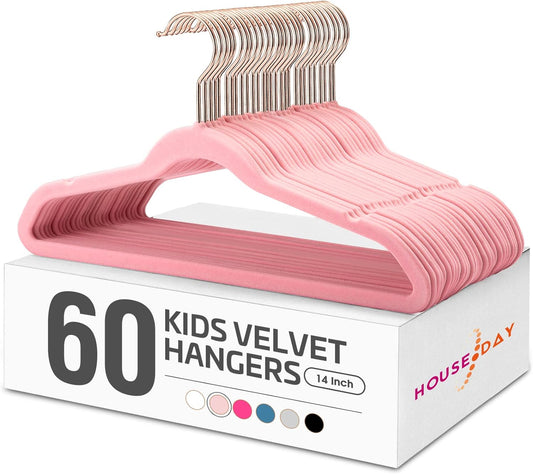 HOUSE DAY 14 Inch Velvet Kids Hangers 60 Pack Blush Pink