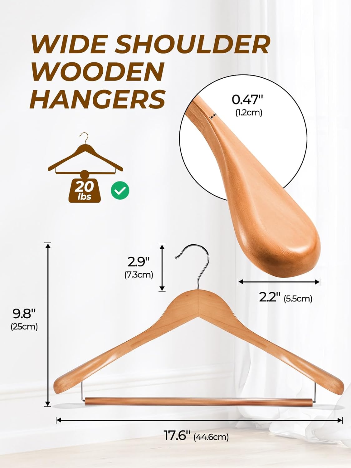 HOUSE DAY 17.7 Inch Wide Shoulder Wooden Hangers With Non Slip Natural 6 Pack