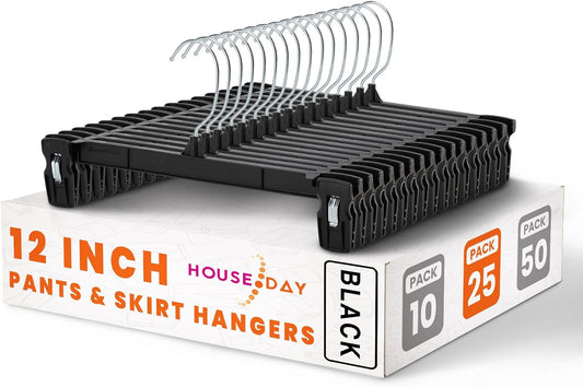HOUSE DAY Plastic Pants Skirts Hangers 12inch with Non-Slip Big Clips 25 Pack