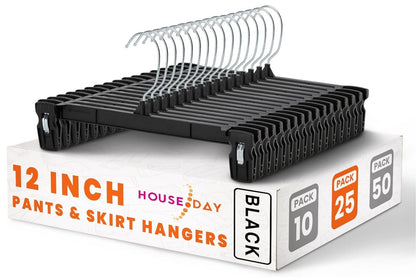 HOUSE DAY Plastic Pants Skirts Hangers 12inch with Non-Slip Big Clips 25 Pack