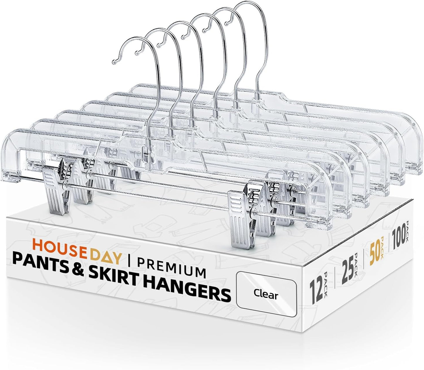HOUSE DAY 14 inch Clear Plastic Skirt Hangers with Adjustable Clips