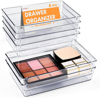 HOUSE DAY Clear Plastic Drawer Organizers with Non-Slip Silicone Base for Makeup & Bathroom 6 Pack