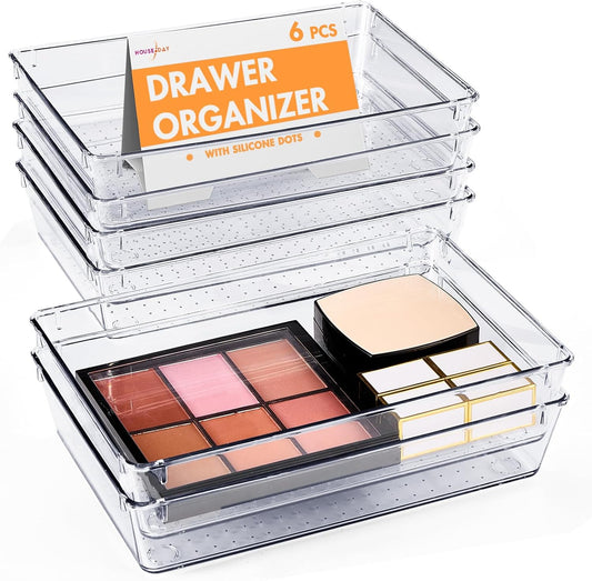 HOUSE DAY Clear Plastic Drawer Organizers with Non-Slip Silicone Base for Makeup & Bathroom 6 Pack