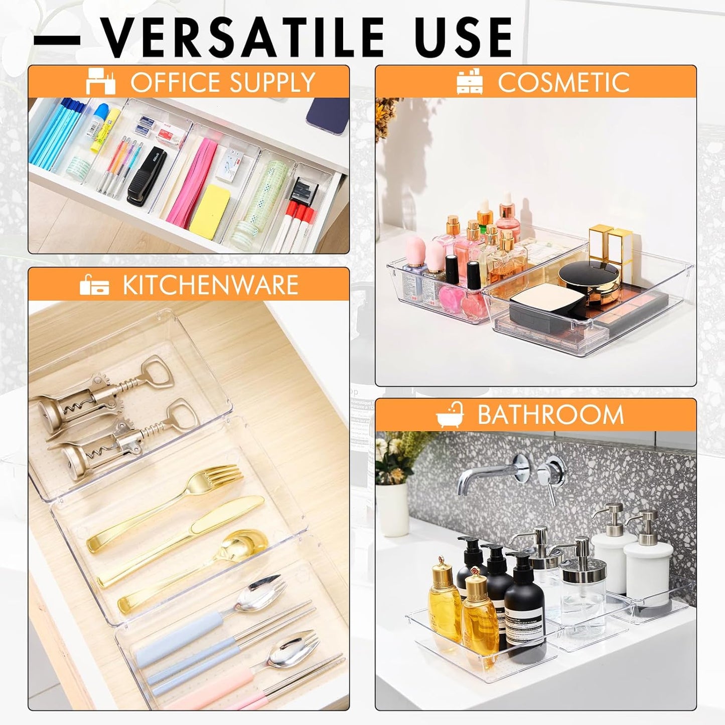 HOUSE DAY Clear Plastic Drawer Organizers with Non-Slip Silicone Base for Makeup & Bathroom 6 Pack