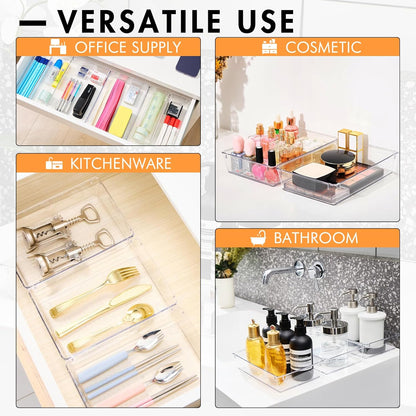 HOUSE DAY Clear Plastic Drawer Organizers with Non-Slip Silicone Base for Makeup & Bathroom 6 Pack