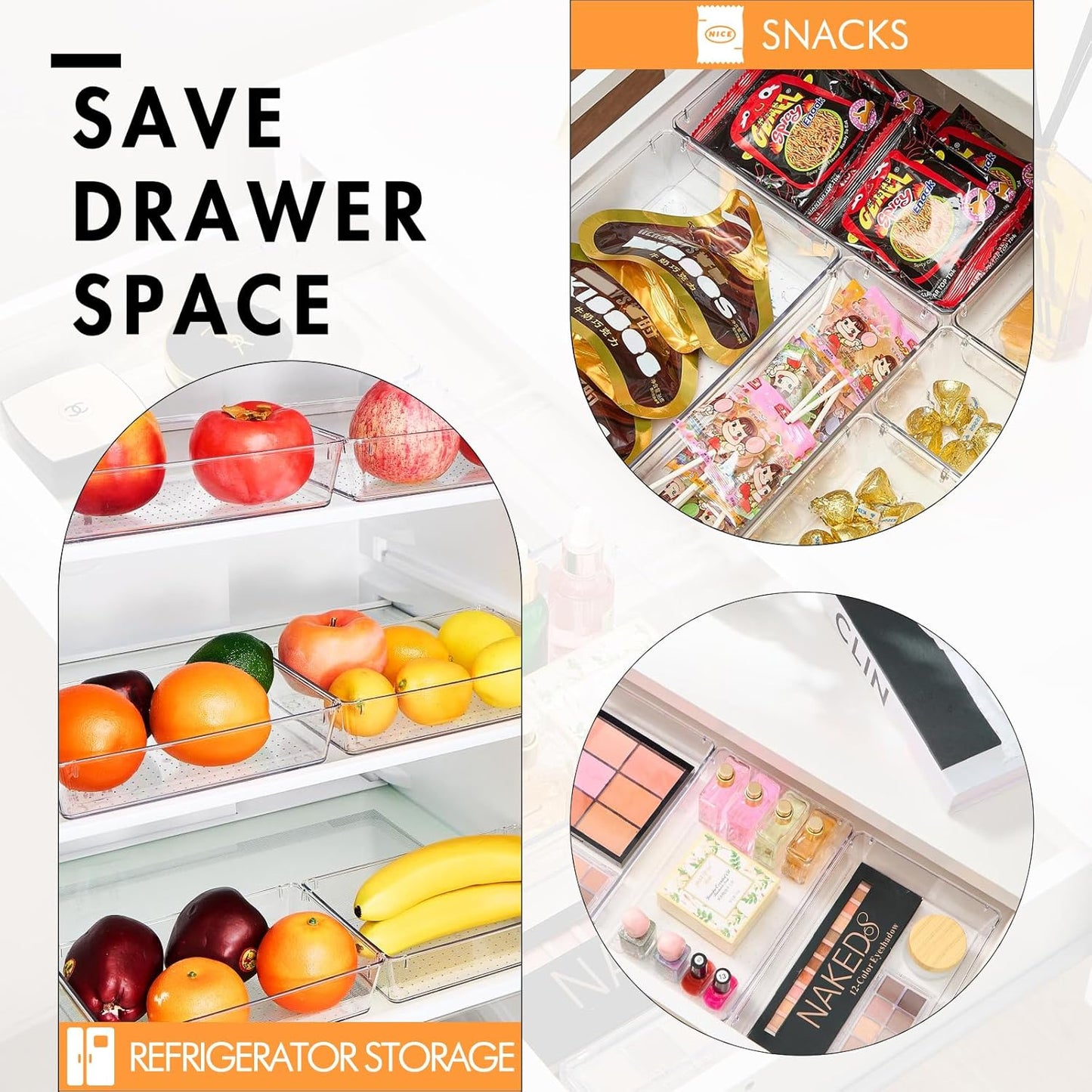 HOUSE DAY Clear Plastic Drawer Organizers with Non-Slip Silicone Base for Makeup & Bathroom 6 Pack