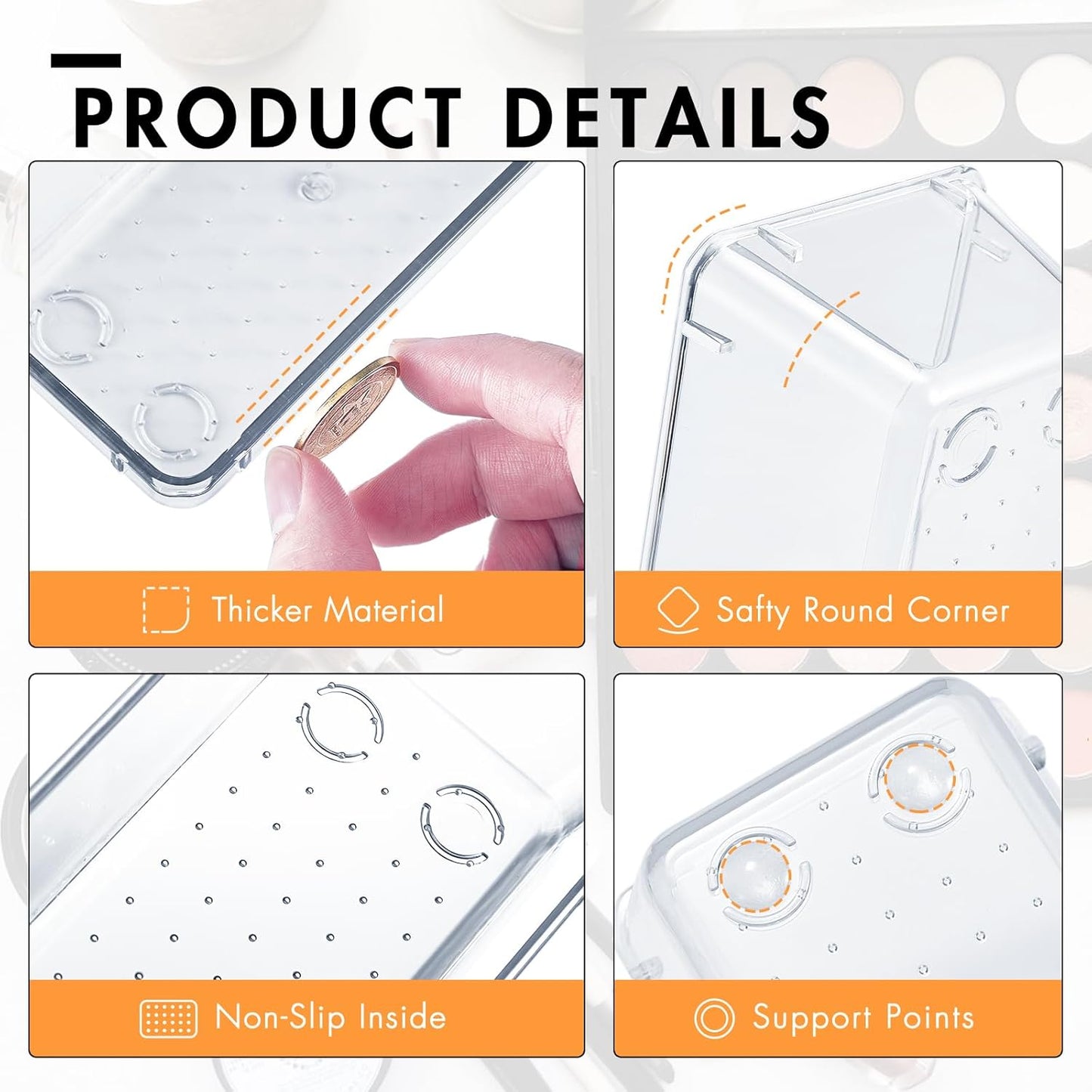 HOUSE DAY Clear Plastic Drawer Organizers with Non-Slip Silicone Base for Makeup & Bathroom 6 Pack