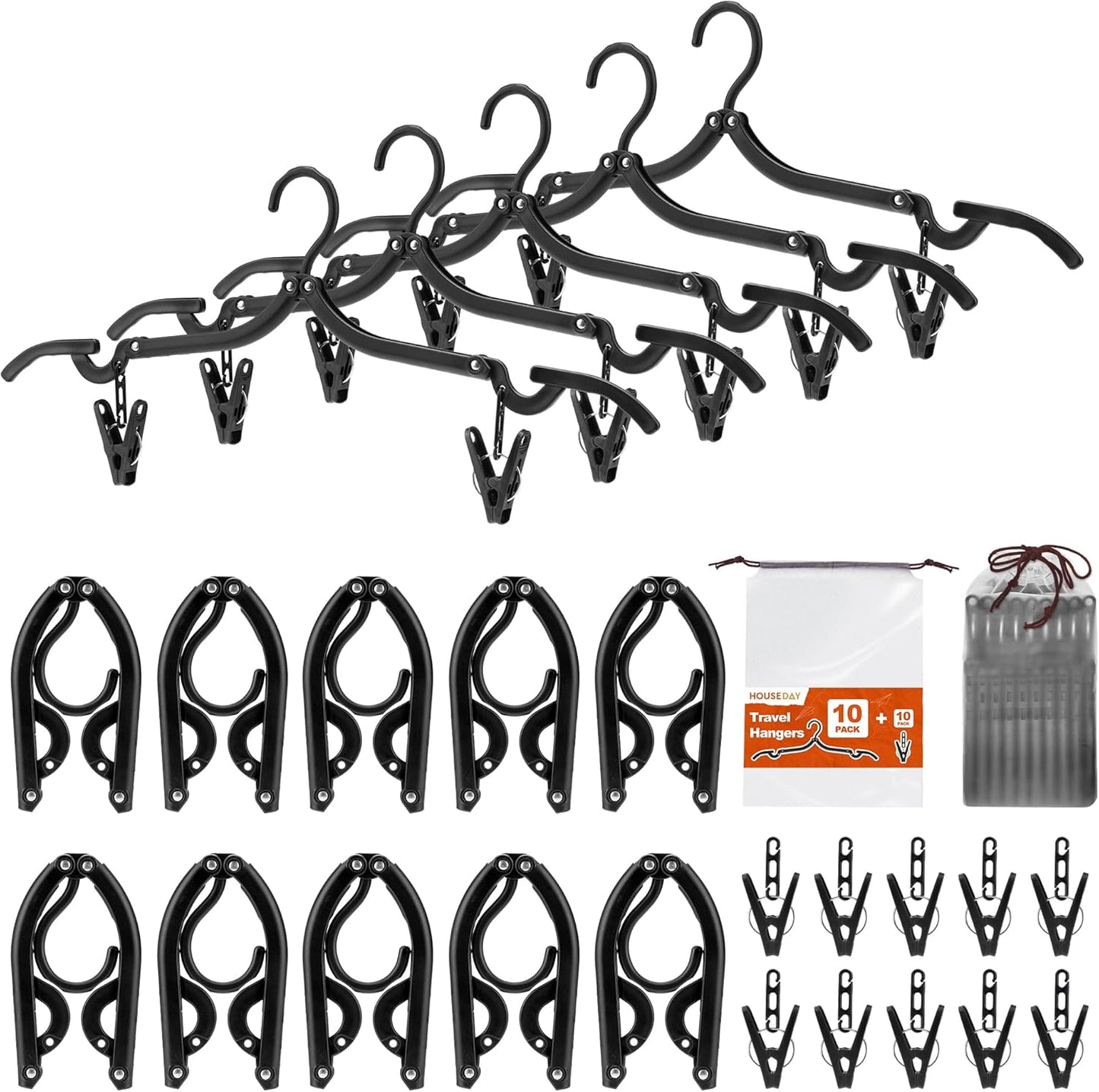 HOUSE DAY Collapsible and Foldable Plastic Travel Hangers with Clips